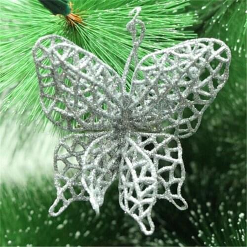 10Pcs Christmas Artificial Glitter Flowers Butterfly Decorations Colorful New Year Party Merry Christmas Tree Ornaments 6Z
