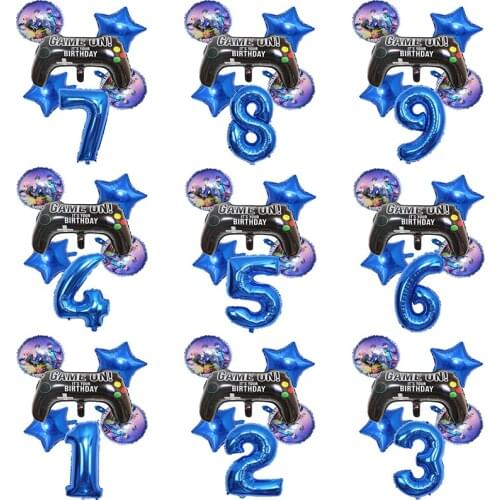 6pcs/set Fortnite e-sports carnival game party blue child birthday digital aluminum film decoration balloon game handle 32 inch