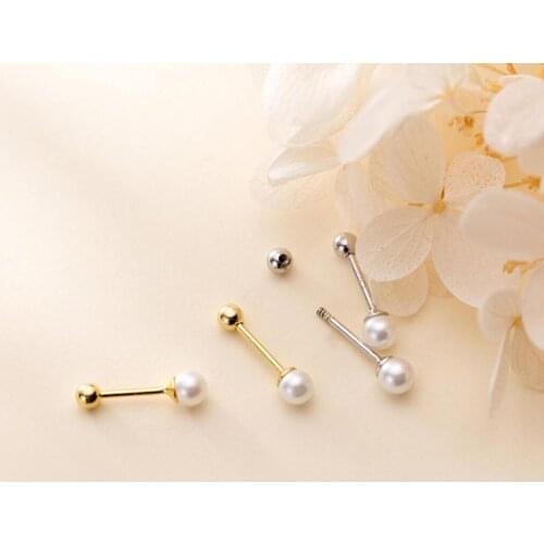 925 Sterling Silver Faux Pearl Screw Back Bar Stud Earrings Jewelry A1252
