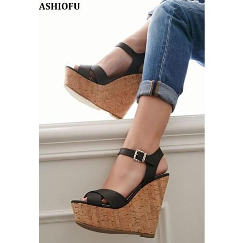 ASHIOFU Handmade Womens Wadge Heel Sandals Slingback Sexy Party Prom Shoes Club Fashion Evening Sandals Shoes