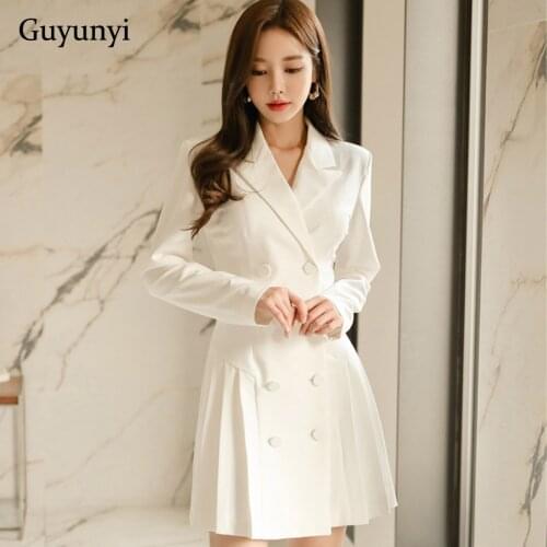 White Business Office Dress Spring Autumn Suit Collar Double Breasted Decorative Belt Simple Elegant Party Dress Women