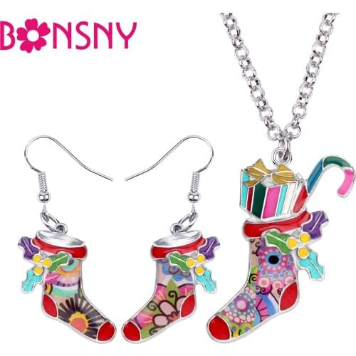 Bonsny Enamel Alloy Christmas Socks Box Jewelry Sets Drop Earrings Necklace Pendant Party Novelty For Women Girls New Year Gifts