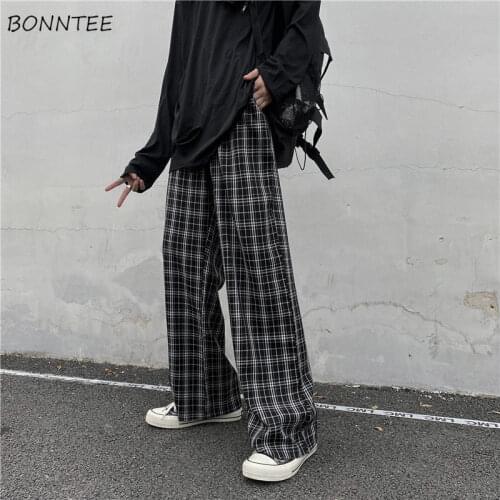 Casual Pants Women High Waist Plaid Loose Teens All-match Students Chic Feminino Trouser Spring Ulzzang Ins Black Large Size 3XL