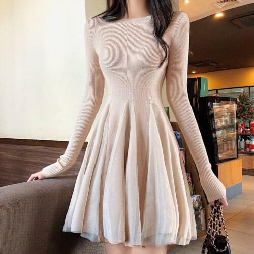Elegant Knitted Mesh Patchwork Dress Casual Knit A Line Vestidos 2021 Spring Women Long Sleeve O Neck Ball Gown Mini Dress y2k