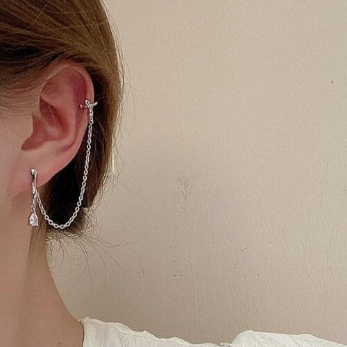 Korean Fashion Gold Asymmetry Branch Crystal Drop Chain Earcuff Piercing Clip on Earrings Earclips Cuffs Boho Accessories