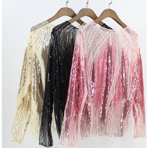 Summer Autumn Women Long Sleeve Embroidery Sequin Bead Shirt Sexy Sheer See-Through Gauze Lace Blouse Mujer Sexy Body Top Femme