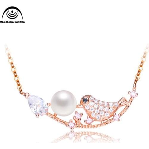 MADALENA SARARA S925 AAA Freshwater Pearl Inlaid Pendant Sterling Silver Chain Necklace AAAA Zircon Inlaid Happiness BirdStyle