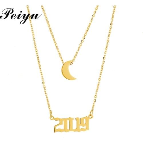 Moon Pendant Necklace with Year Number Half Moon Necklaces for Women Gold Color Layered Chain Necklace Stainless Steel Jewelry