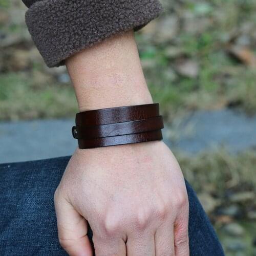Black Brown Genuine Leather Mens Bracelet Vintage Punk Design Wrap Adjustable Belt Bangles Male Jewlery