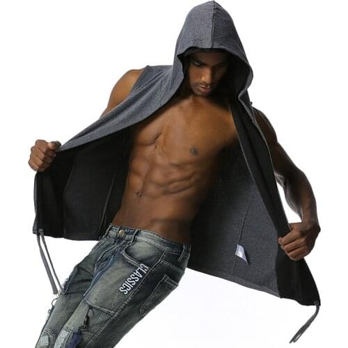 Sleeveless Hooded cardigan men Solid color fashion mens coat sleeveless vest jacket men Zipper cardigan Hip hop