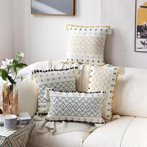 Morocco White Black Geometric Cushion Cover 45x45cm 30x50cm Hand Embroidery Tassel Pillowcase Woven For Home Decoration Sofa Bed