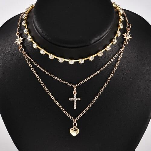 YWZIXLN Boho Charm Multi-layer Crystal Choker Cross Heart Pendant Fashion Necklaces Bijoux For Women Elegant Choker Jewelry N047