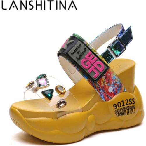 Platform Sandals Women 2020 Summer Rhinestone High Heel Sandals 11CM Wedge Heels Beach Sneakers Crystal Thick Bottom Sillpers