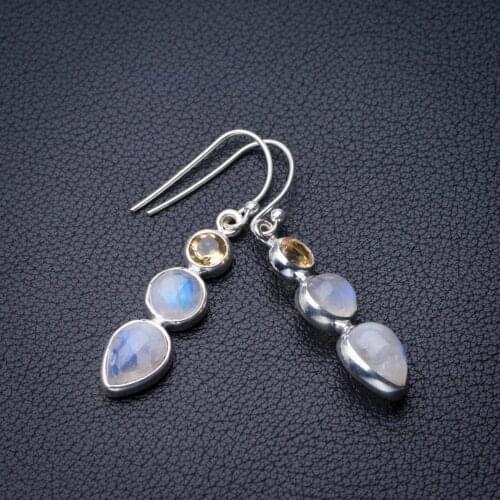StarGems Natural Rainbow Moonstone And Citrine Handmade 925 Sterling Silver Earrings 1.75" D7221