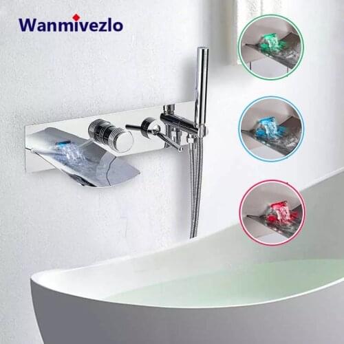 LED Wall Mounted Waterfall Bathtub Faucet Set Single Handle Brass Hand shower Bath Shower Mixer Concealed Shower Wide Spout Tap