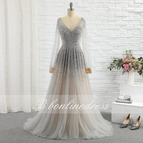 Elegant 2020 Silver Evening Dress V Neck A-Line Long Sleeve Hand Beaded Crystal Prom Party Dresses robe de soiree de mariage