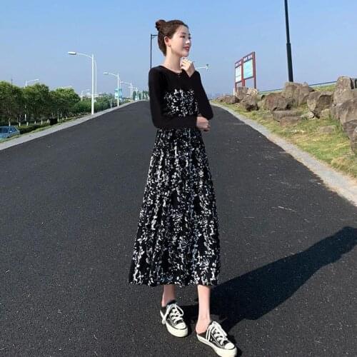 Long Sleeve Mid-Length Stitching Floral Skirt Womens Autumn and Winter New Temperament High Waist Slimming Dress