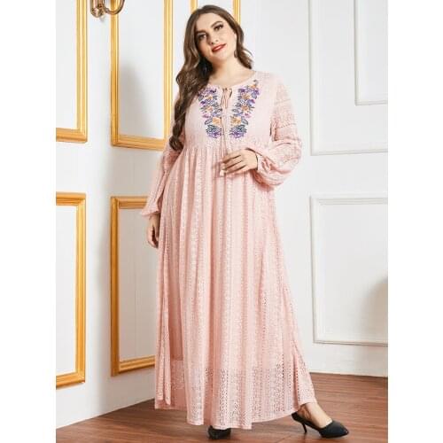 Plus Size Lace EmbroiderMuslim Long Dress Women Abaya Dubai Turkey Islam Clothing Bangladesh Evening Gown Kaftan Pink Robe