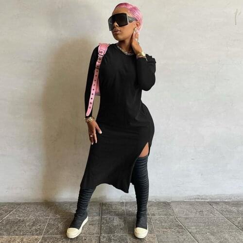 Early Autumn Solid Womens Bandage Dress Fashion Scoop Neck Full Sleeve Package Hip Dresses Simple Side High Split Vestidos