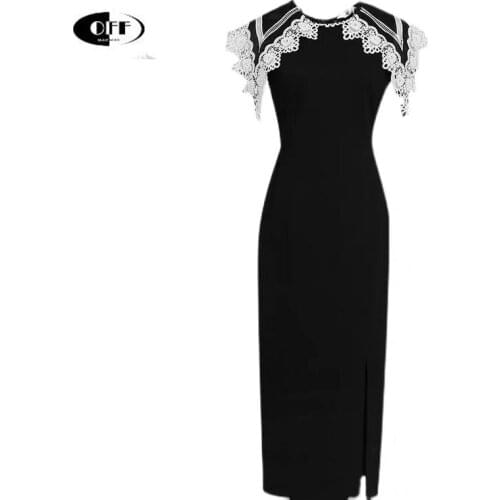 Women Summer Elegant Pencil Midi Dress Sexy Embroidered Peter Pan Collar Black Bodycon Slit Dresses Sleeveless Clothes Vestidos