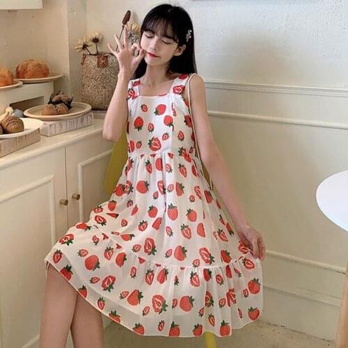 Womens Korean-Style Sweet Strawberry Printed High-Waist Ruffle Panel Sleeveless Dungaree Dress Summer 2020 lolita dress