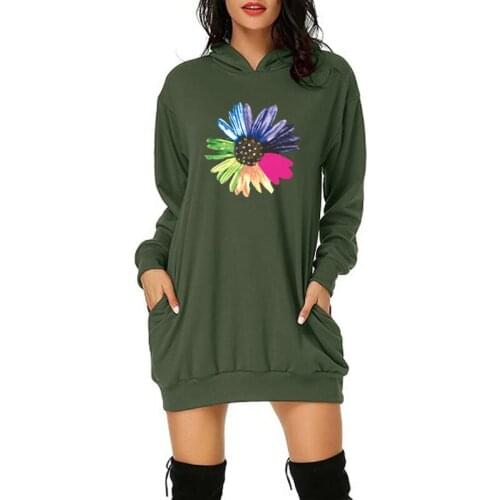 Plus Size 2XL Women Hoodies Dress Cute Sunflower Print Pocket Long Sleeve Winter Casual Loose Vintage Party Vestidos Sweatshirt