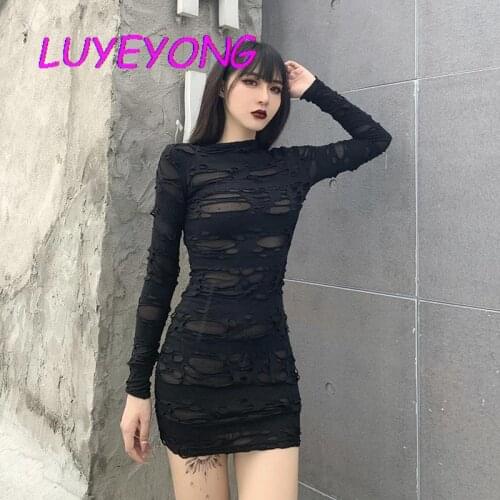 Lady O Neck Long Sleeve Vintage Transparent Sexy Empire Mini Worn Dresses Cool Gothic Women Broken Hipster Dress 2020 Autumn