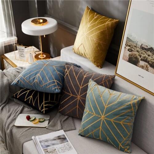 Golden Embroidery Cushion Cover Navy Grey Blue Yellow Geometric Velvet Pillow Cover Sofa Home Decorative Pillow Case 45x45cm