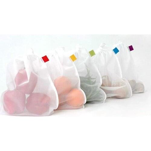 5Pcs Reusable Mesh Bags Grocery Produce Bag Drawstring Kitchen Vegetable Fruit Sundries Organizer Storage Bags Washable Pouch