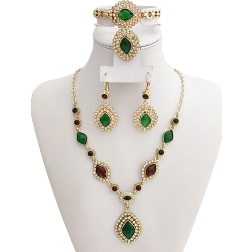 Arabic Jewelry Gold Color Jewelry 4-Set Earring Necklace Bracelet Ring Morocco Ethnic Wedding Jewelry Sets Kaftan Bijoux Gifts