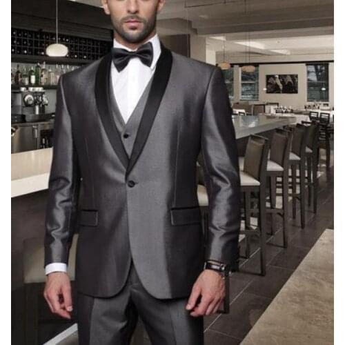 Shiny Dark Gray Groomsmen Best Man Wedding Dinner Party Tuxedos Custom Black Satin Shawl Lapel Men Suits (Jacket+Pants+Vest)