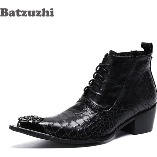 Batzuzhi Lace Up Dress Shoes Black Genuine Leather Boots Men 6.5cm Heels Men Ankle Boots High Top Boots Men , Big Sizes 38-46
