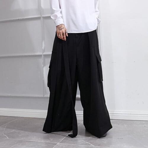 Mens pants Autumn winter belt loose bell-bottom cargo pants culottes for men casual pants large size black youth Yamamoto style