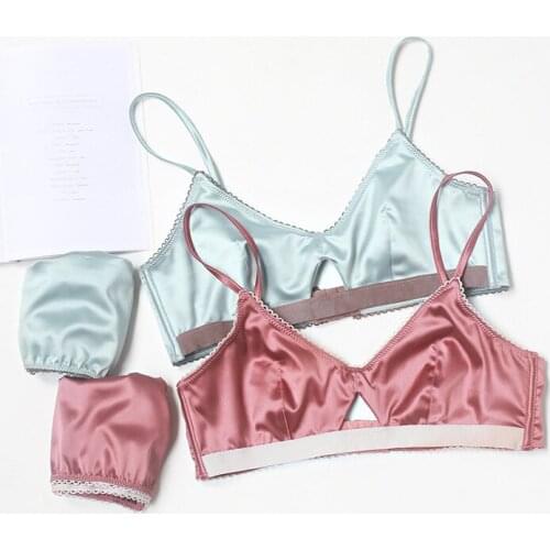 Sexy lingerie female satin ultra thin langerie no steel ring triangle cup bra and panty set hollow seamless Women Brassiere
