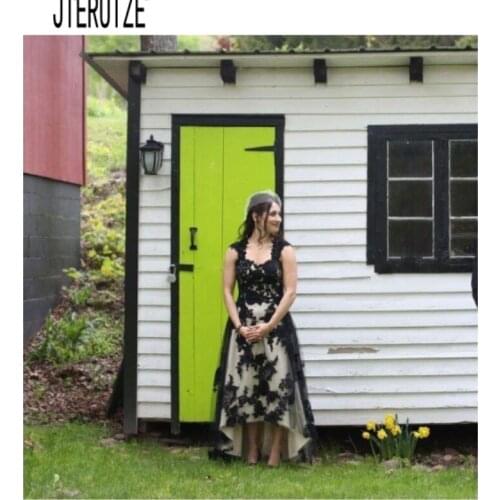 JIERUIZE Black Lace Appliques Wedding Dresses Cap Sleeves Sweetheart Backless Hi Low Bridal Gowns Bride Dresses vestido de noiva