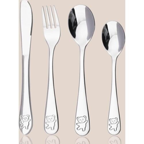 Baby Bear Pattern Carving Dinnerware Utensils Set Stainless Steel Silverware Set Silver Fork Knife Spoon Children Tableware Set