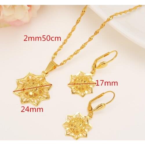 Ethiopian 14 k Yellow Solid Fine Gold GF Filled set Jewelry Anise Pendant Chain Earrings African Bride Wedding Flower Bijoux