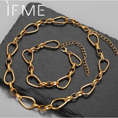IF ME 2PCS Simple Punk Geometric Oval Chain Choker Necklace Bracelet Jewelry Set for Women Trendy link Chain Adjustable Jewelry