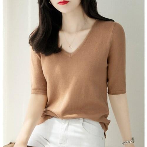 LJSXLS Pullover Short Sleeve Knitted T-shirt Women Solid V-Neck Tshirts Casual Tops 2021 Summer Female Knit All-match T Shirt