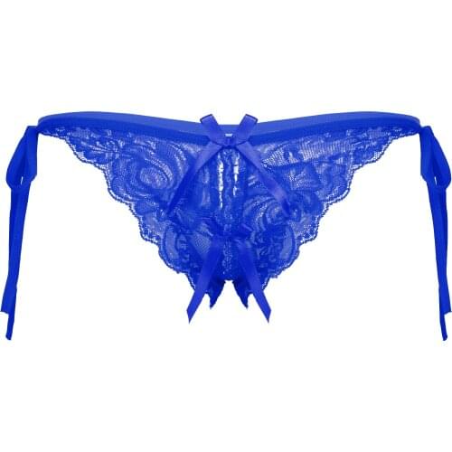 Mens Lace-up Crotchless Exotic G-string Sissy Underwear Nightwear Low Rise Floral See-through Lace Panties for Lingerie Night