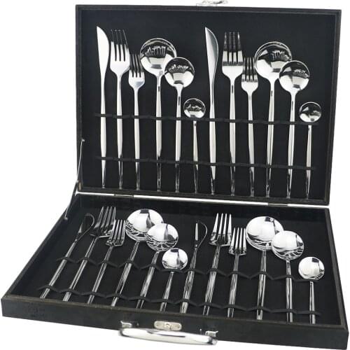 24pcs Cutlery Set Stainless Steel Silver Dinnerware Set Knife Dessert Fork Tea Spoon Silverware Kitchen Tableware Set Black Box