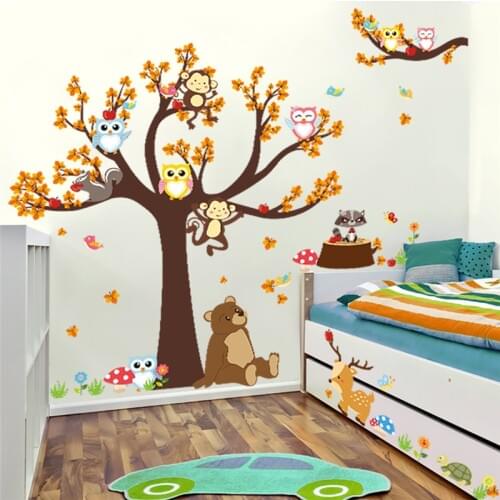 Tree Animal Cartoon Owl Monkey Bear Deer Wall Stickers For Kids Rooms Boys Girls Home Decor Wallpaper Decal Poster