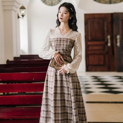 2020 new fashion womens clothing autumn Full Lace Mid-Calf Vintage Dresses