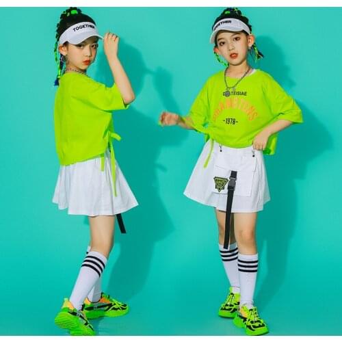 New Hip Hop Jazz Costumes For Kids Girls Green Tops Short Sleeve Modern Dance Performance Clothing Cheerlead Dance Skirts BL6014