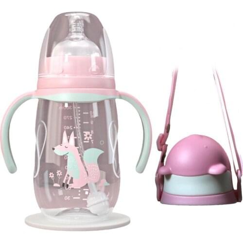 240ml/300ml Portable Double Handle Infant Drop-proof Baby Wide-caliber Milk Bottle with Straw Handle Newborn Baby Feeding Bottle