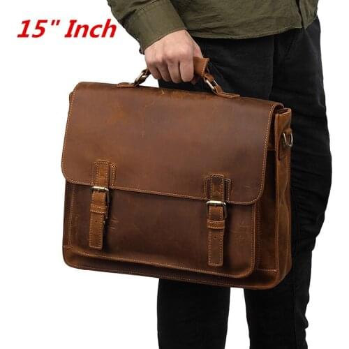 Luxury Handmade Natural Crazy Horse Leather Men Handbags 15.6" Inch Laptop Bag Vintage Genuine Leather Briefcase