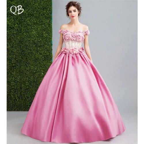 Pink Ball Gown Satin Lace Beaded Crystal Flowers Luxury Formal Evening Dresses 2020 New Fashion Bride Party Prom Dress XK129