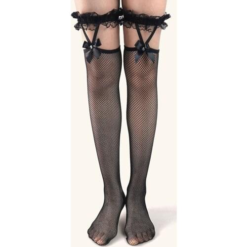Sexy Women Stockings Bow Top Thigh High Fishnet Mesh Stockings Women Black Nylon Pantyhose Over Knee High Exotic Apparel Hosiery