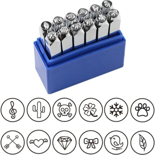 Jewerly Pattern Stamps Leather Logo Printing Tool 12pcs/set Metal Stamping Tools Gold Silver Wood Punch Stamper Handstamped
