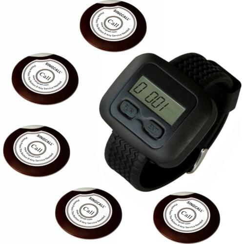 SINGCALL Wireless Service Call Button System for Hospital, 5pcs White Call Button and 1pc Wrist Watch APE6600